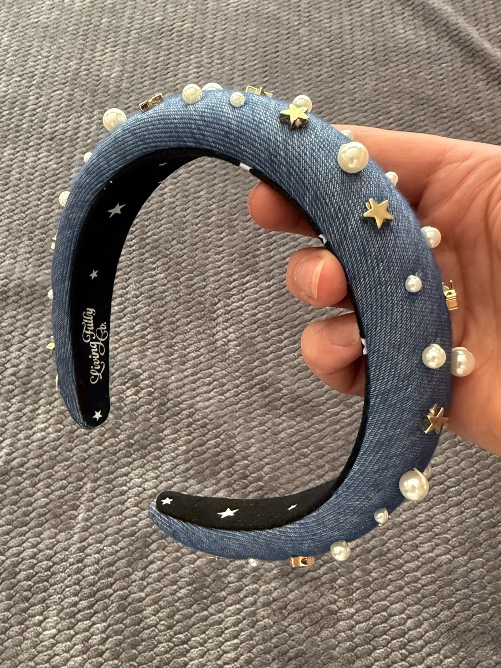 Living Fully Co Women’s Blue Denim Padded Headband Pearl Beaded Gold Stars